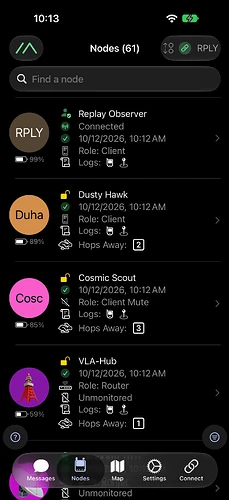 An Apple node list showing sixty-one nodes with varied battery levels, hop counts and last-heard times
