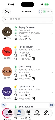 An Apple node list showing sixty-one nodes with varied battery levels, hop counts and last-heard times