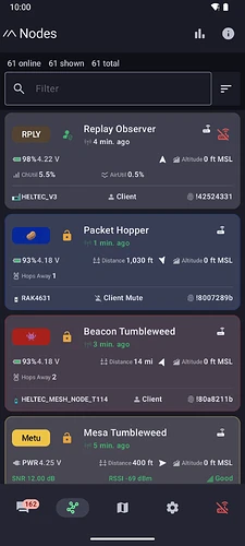 An Android node list showing sixty-one nodes with varied battery levels, hop counts, signal readings and last-heard times