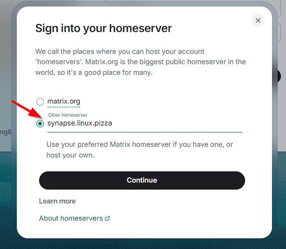 Picture2 Image showing the login-process to the Linux.Pizza Matrix-server