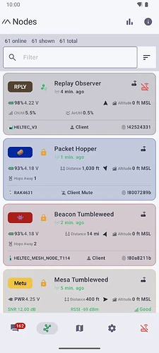 An Android node list showing sixty-one nodes with varied battery levels, hop counts, signal readings and last-heard times